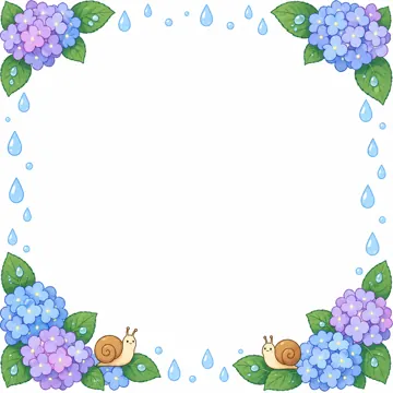 季節のかざり枠・季節・行事 季節のかざり枠 初夏:あじさいとかたつむり、雨つぶ