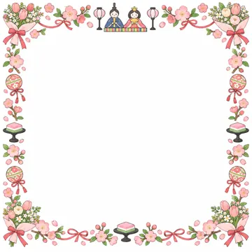 季節のかざり枠・月別(1〜12月) 月別のかざり枠 3月:ひな祭りと卒業(ひな人形・桃の花・花束)のかざり枠。四すみと上下左右にかざり、中央を大きく白く空ける