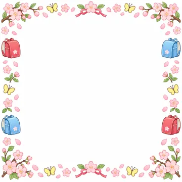 季節のかざり枠・月別(1〜12月) 月別のかざり枠 4月:入学とさくら(ランドセル・さくら・ちょうちょ)のかざり枠。四すみと上下左右にかざり、中央を大きく白く空ける