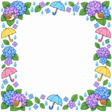 季節のかざり枠・月別(1〜12月) 月別のかざり枠 6月:梅雨(あじさい・かたつむり・かさ)のかざり枠。四すみと上下左右にかざり、中央を大きく白く空ける
