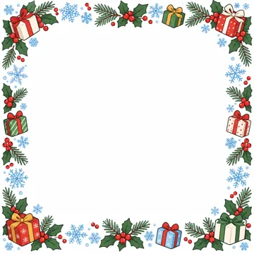 季節のかざり枠・月別(1〜12月) 月別のかざり枠 12月:冬とクリスマス(雪・ヒイラギ・プレゼント)のかざり枠。四すみと上下左右にかざり、中央を大きく白く空ける