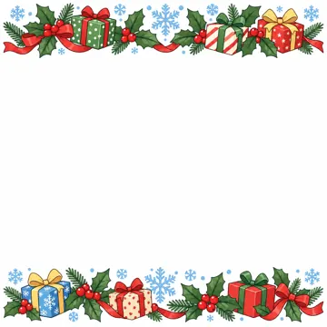 季節のかざり枠・月別(1〜12月) 月別のかざり枠 12月:冬とクリスマス(雪・ヒイラギ・プレゼント)のかざり枠。上下だけに帯状のかざり、中央を大きく白く空ける