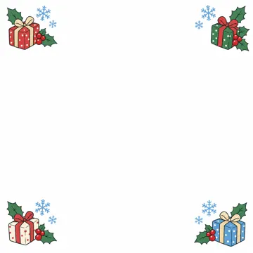 季節のかざり枠・月別(1〜12月) 月別のかざり枠 12月:冬とクリスマス(雪・ヒイラギ・プレゼント)のかざり枠。左右の角だけに小さなかざり、中央を大きく白く空ける(シンプル)