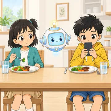 食事中のスマホ・わるい例：スマホばかり見て家族と話さない
