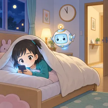 寝る前のスマホ・わるい例：布団の中で夜おそくまで見る