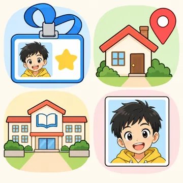 図解・基本 図解 名前・住所・学校・顔写真を表すアイコンが並ぶ個人情報の図