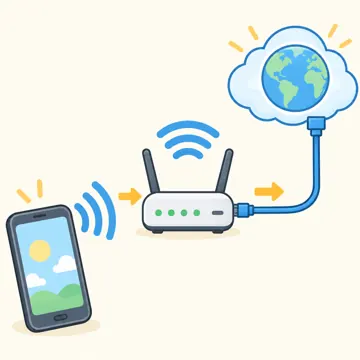 図解・基本 図解 スマホから電波がルーターへ、ルーターから線でインターネットの雲へつながる流れを、矢印とアイコンだけで描いた図