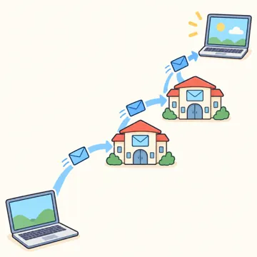 図解・基本 図解 手紙が郵便局をリレーするように、データの包みが中継点を通って届く図