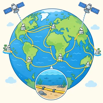 図解・基本 図解 地球をぐるりと囲む海底ケーブルと衛星の図