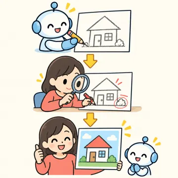 図解・くわしい図解(デジタル・安全・AI・情報・お金・からだ・権利ほか) 図解 AI:AIと人の役割分担(AIが下書き、人が確かめて決める)