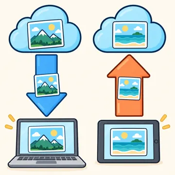 図解・くわしい図解(デジタル・安全・AI・情報・お金・からだ・権利ほか) 図解 デジタルのしくみ:ダウンロードとアップロード(上向き・下向きの矢印)