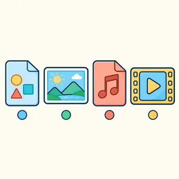 図解・くわしい図解(デジタル・安全・AI・情報・お金・からだ・権利ほか) 図解 デジタルのしくみ:拡張子(書類・画像・音・動画の形のちがうアイコン)