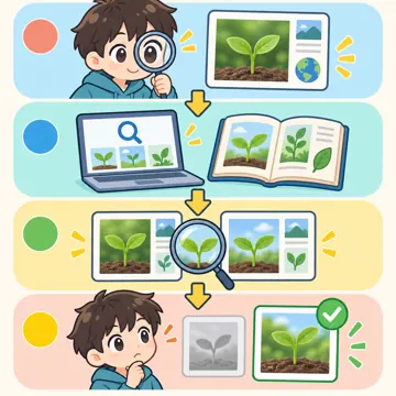 図解・くわしい図解(デジタル・安全・AI・情報・お金・からだ・権利ほか) 図解 情報:ファクトチェックの手順(見る→調べる→くらべる→判断)