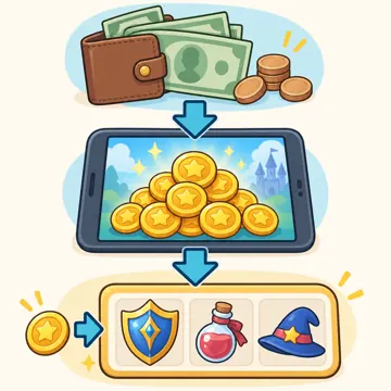 図解・くわしい図解(デジタル・安全・AI・情報・お金・からだ・権利ほか) 図解 お金:課金のしくみ(本物のお金→ゲームのコイン→アイテム)