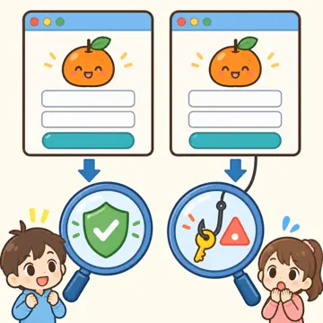図解・くわしい図解(デジタル・安全・AI・情報・お金・からだ・権利ほか) 図解 安全:フィッシングの見分け方(本物とそっくりの偽物のページ)