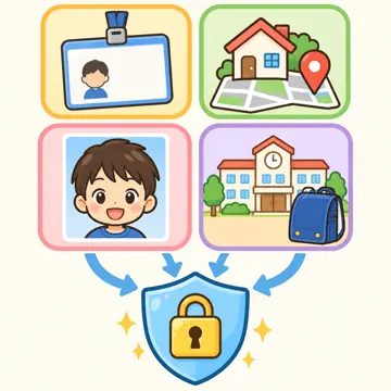 図解・くわしい図解(デジタル・安全・AI・情報・お金・からだ・権利ほか) 図解 安全:個人情報とは(名前・住所・顔・学校のアイコン)