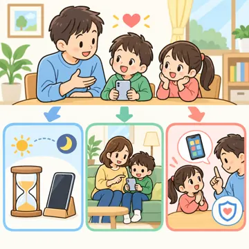 図解・くわしい図解(デジタル・安全・AI・情報・お金・からだ・権利ほか) 図解 その他:家族のスマホルール(時間・場所・使い方)