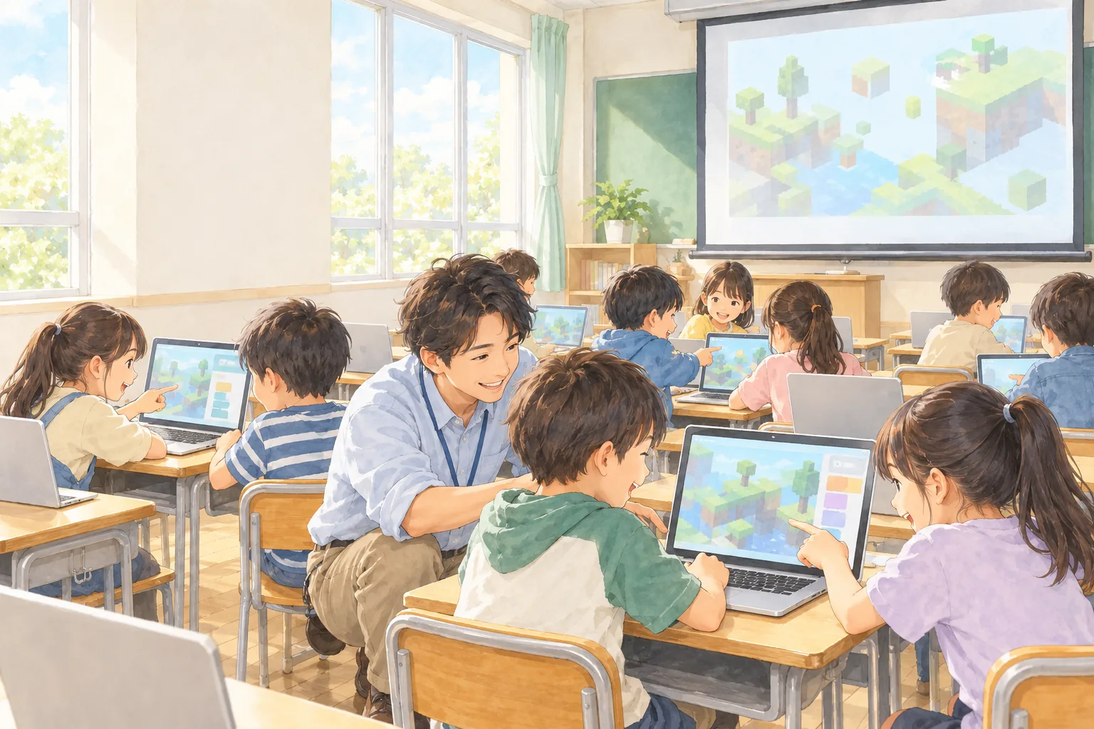 小学校の教室で、子どもたちがノートパソコンでプログラミングに取り組み、出張に来たスタッフがそばで教えているイラスト