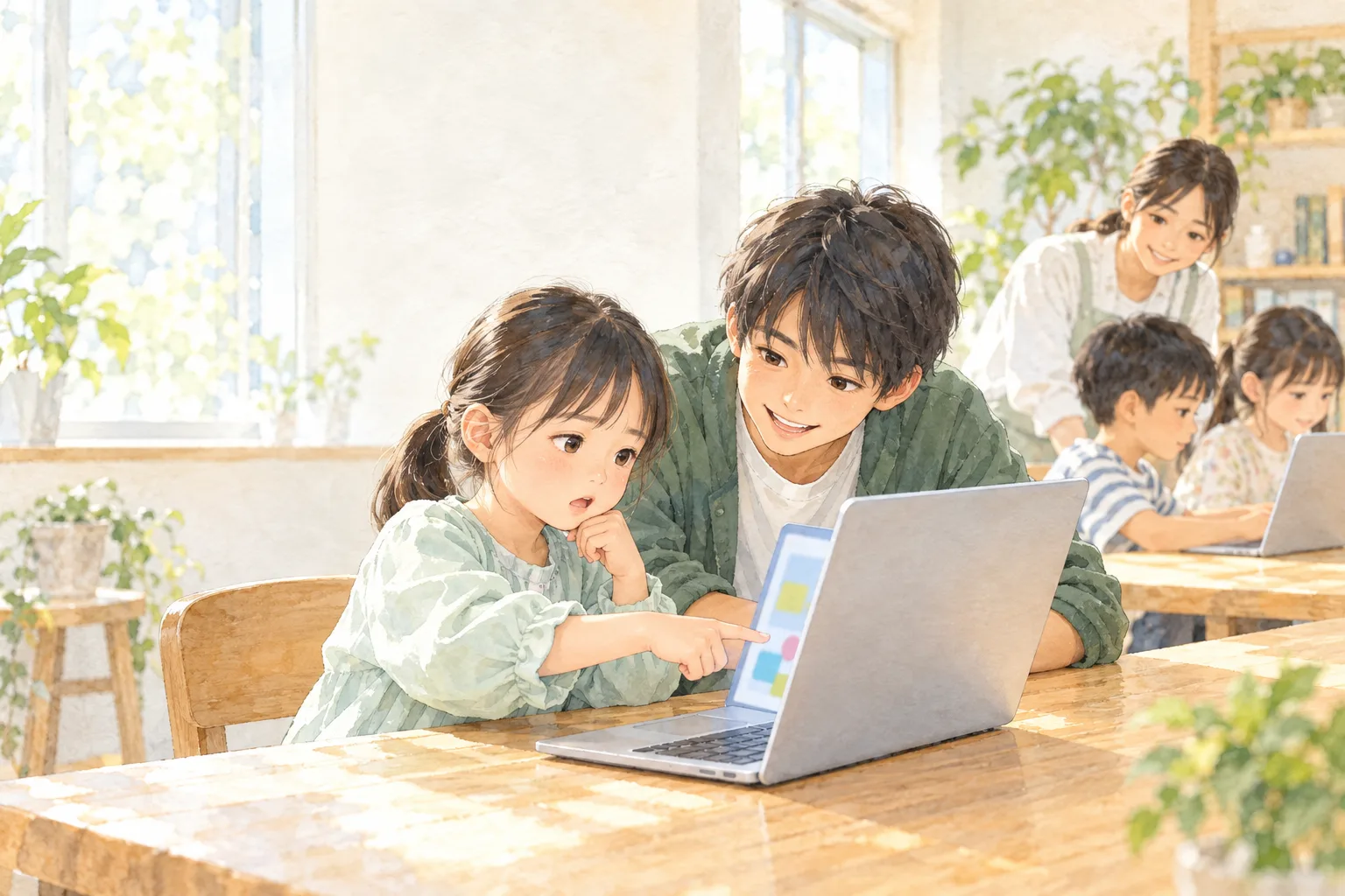 Illustration of a junior high school volunteer gently looking at the screen next to a young child at a laptop